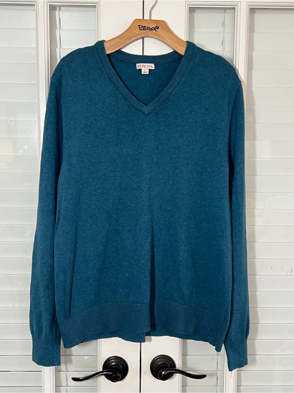 Merona Teal V-Neck Women's Sweater-Size L, Cotton Blend, Preppy, Workwear